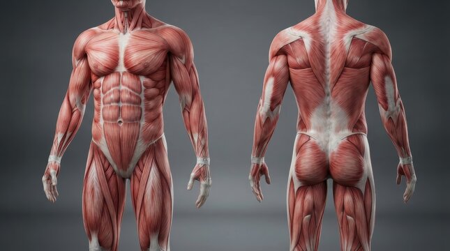 Anatomical chart showing male muscular system front and back views