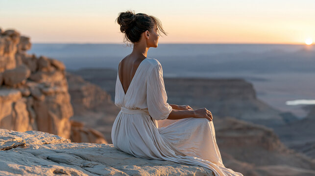Faceless woman sitting on a desert rock overlooking a vast canyon at sunrise, long flowing clothing, face hidden from view, solo travel, adventure vacation, mindfulness, freedom,