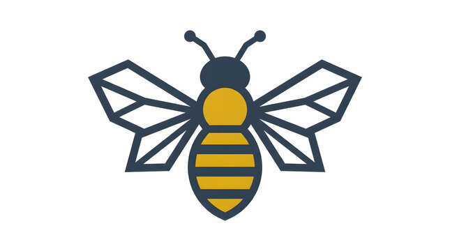 Modern geometric bee logo with yellow stripes and linear wings isolated on white background. Minimalist vector icon for honey brand, beekeeping, organic farm, and nature conservation design.