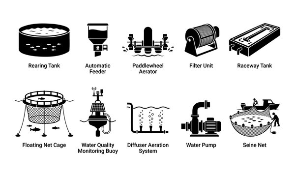 Aquaculture and fish farming equipment icons set