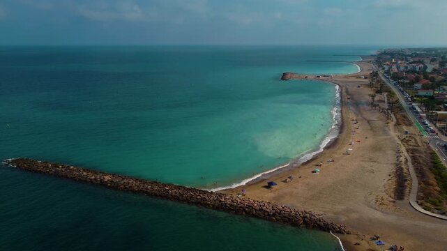 Aerial view of Almazora beach, Mediterranean sea, Castellon, Valencia Region Spain. High quality 4k footage