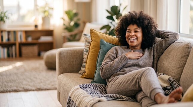 Happy Black woman laughing and relaxing on a cozy sofa in a bright, peaceful living room at home