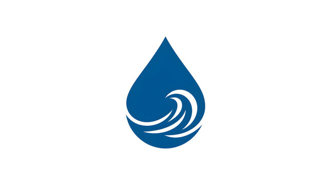 Blue water drop logo with dynamic ocean waves inside isolated on white background. Minimalist vector icon for mineral water, liquid purification, plumbing, aqua care, and environmental branding.