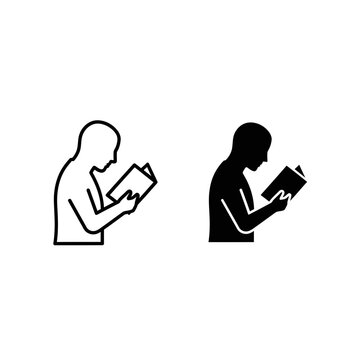Minimalist reading person icon set, black and white book reader vector, linear and silhouette student study symbols for education