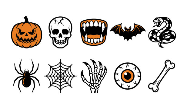 Set of ten spooky halloween icons featuring a pumpkin skull vampire teeth bat snake spider web skeleton hand and eyeball
