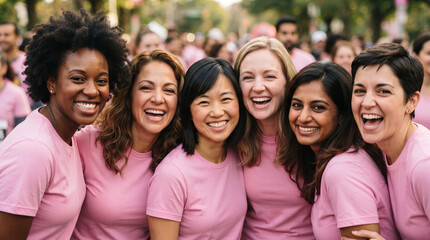 Obraz premium Group of diverse women wearing pink shirts for Pink October, Breast Cancer Prevention Campaign