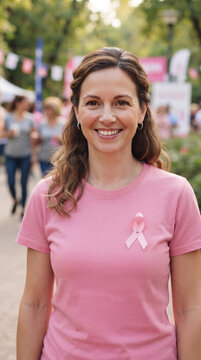 Woman wearing pink ribbon pin on shirt for awareness month, Pink October, Breast Cancer Prevention Campaign