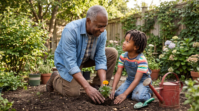 black child helping an elderly grandparent plant flowers in a home garden, intergenerational bonding, learning and affection, simple botanical elements, warm family atmosphere, Children's Day