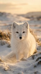 Naklejka premium Arctic fox in snow landscape during sunset