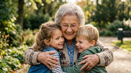 Fototapeta premium Joyful grandmother hugging her young grandchildren outdoors in a sunny autumn park, celebrating Grandparents Day, family love, and multi-generational bonding.