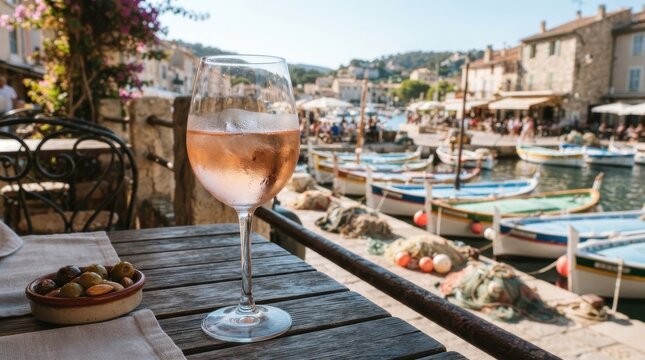 Glass of rose wine with ice and bowl of olives on restaurant terrace overlooking harbor