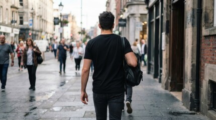 Fototapeta premium Young man walking on a crowded city street carrying a backpack