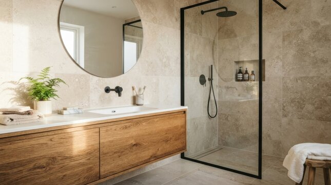 Modern luxury bathroom interior with wooden vanity and walk-in shower