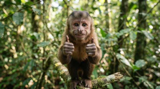 Capuchin monkey giving thumbs up gesture in jungle