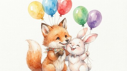 Naklejka premium Cute watercolor fox and bunny holding colorful balloons