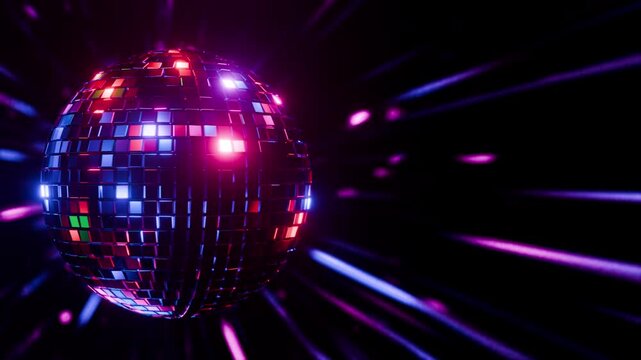 Ideal for retro disco clubs, DJs, VJ backgrounds, VFX, motion graphics, and stage intro visuals anytime Seamless disco ball VJ loop with retro neon glow, laser light rays, and sparkling reflections.