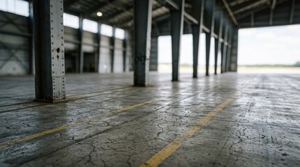 Fototapeta premium Empty large industrial warehouse interior with steel beams and concrete floor
