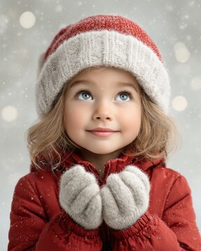 Photorealistic child in red winter jacket outdoors