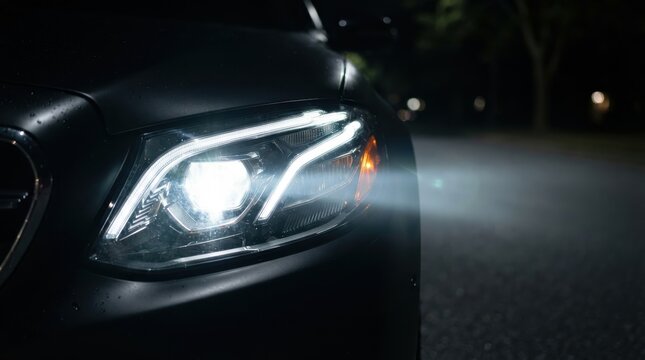 Modern luxury car headlight shining bright at night