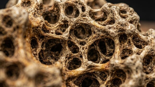 Macro closeup of porous bone structure and spongy trabeculae texture