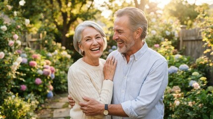 Fototapeta premium Happy senior couple embracing in a lush garden