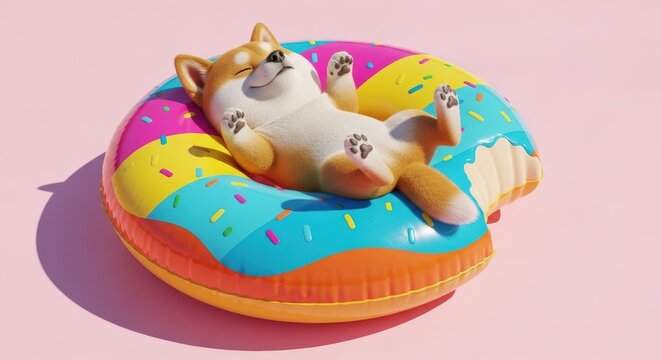 Corgi dog on inflatable donut float.