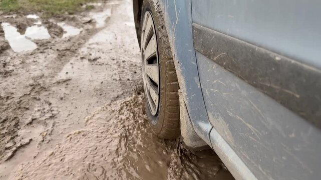 Low-angle moving car wheel displaces wet mud on rural dirt track with splashes, ripples, deep rut, and gritty side panel coated in clay, with car, wheel, mud, tire detail