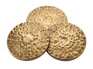 Fototapeta premium Hammered gold metal coasters set arranged on isolated black background for luxury interior decor, abstract craft design, vintage brass metallic plates texture and modern home tableware concept.