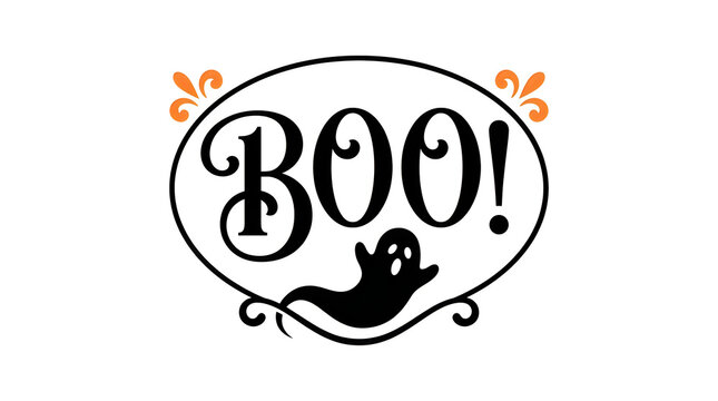 Hand-drawn Halloween ghost saying Boo with spooky orange decorations and black cat outline.