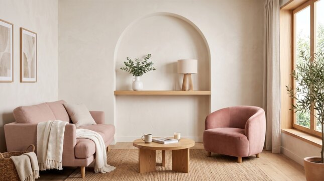 Modern Minimalist Living Room Interior with Pink Sofa and Arch Niche