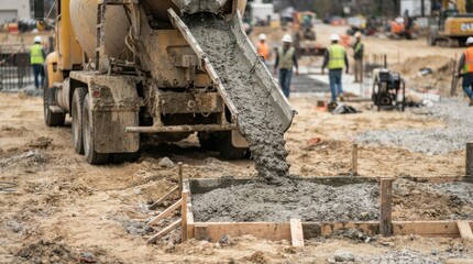Fototapeta premium Concrete truck pouring wet concrete into wooden forms at a construction site