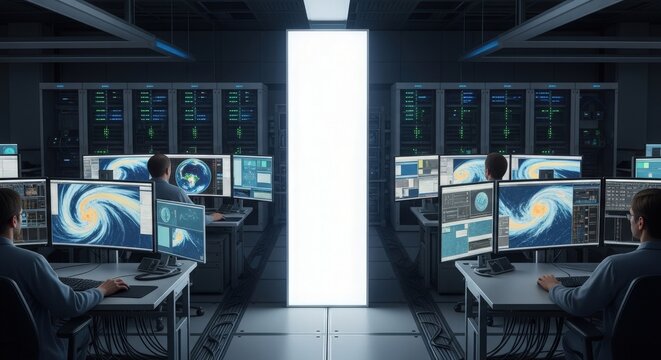 Two scientists working in a futuristic data center with multiple monitors displaying abstract data visualizations and a bright central portal.