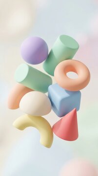 Floating pastel 3D geometric shapes background illustration