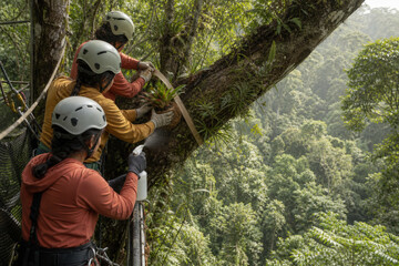 Fototapeta premium Rainforest Epiphyte Reintroduction by Canopy Conservation Team with Copy Space