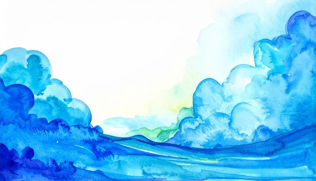 Watercolor landscape with soft blue clouds and rolling hills, opening to bright sky, evoking calm, depth, and serene natural atmosphere.