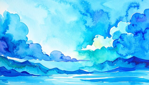 Watercolor landscape with soft blue clouds and rolling hills, opening to bright sky, evoking calm, depth, and serene natural atmosphere.