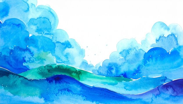 Watercolor landscape with soft blue clouds and rolling hills, opening to bright sky, evoking calm, depth, and serene natural atmosphere.