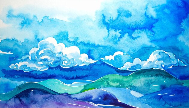 Watercolor landscape with soft blue clouds and rolling hills, opening to bright sky, evoking calm, depth, and serene natural atmosphere.