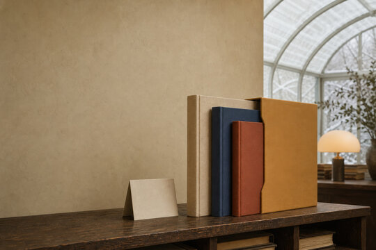 Blank Art Book Series and Slipcase Mockup in Minimal Interior with Copy Space