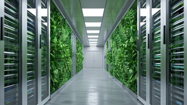 Sustainable green data center with plants integrated into server racks

