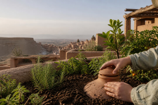 Child Hands Using Traditional Olla Irrigation in Desert Garden with Copy Space