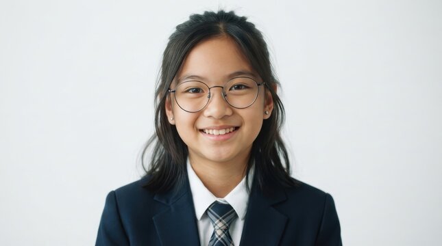 Smiling Asian schoolgirl wearing glasses and school uniform