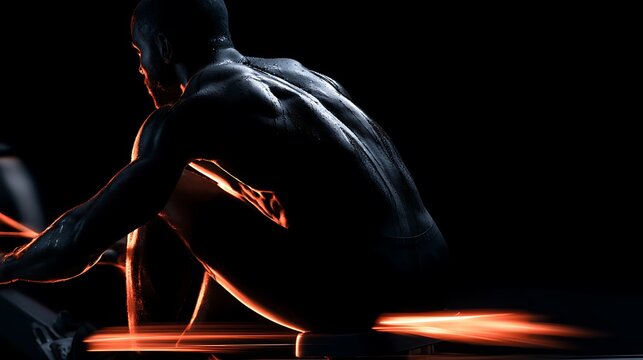 48. A moody sports photography of a rower on a rowing machine in a dark studio. Sweat glistening all over his back and shoulders, orange neon accent lights reflecting on his wet skin, dramatic 