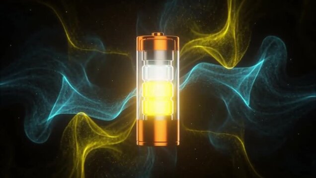 A glowing battery surrounded by abstract blue and yellow energy waves on black background.