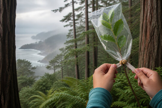 Child Hands Studying Redwood Leaf Transpiration Sleeve with Copy Space