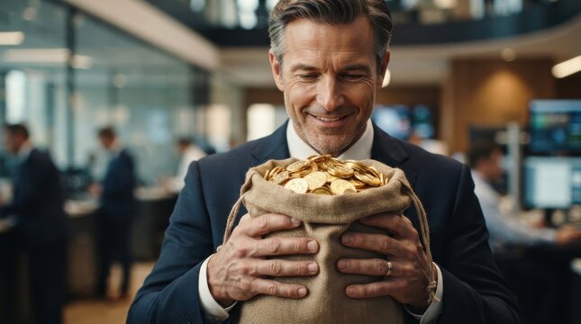 Businessman holding sack full of gold coins in office