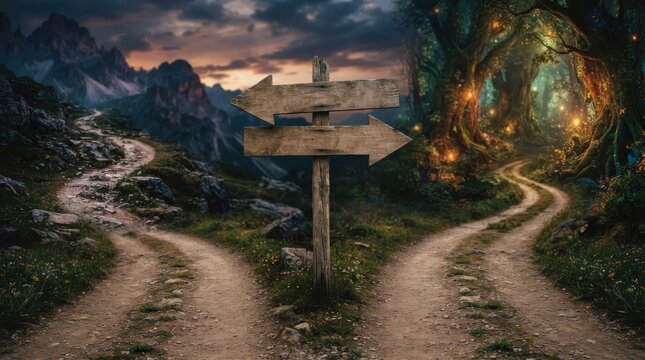 Wooden signpost at crossroads between mountain landscape and magical forest
