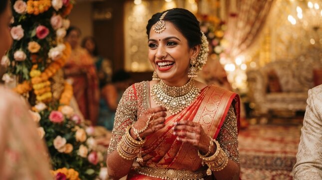 Traditional Indian bride smiling during wedding ceremony in red saree