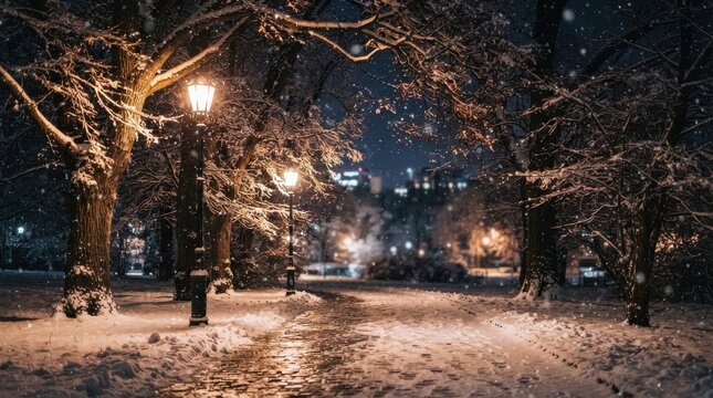 Winter park at night with glowing street lamps and snow falling on trees