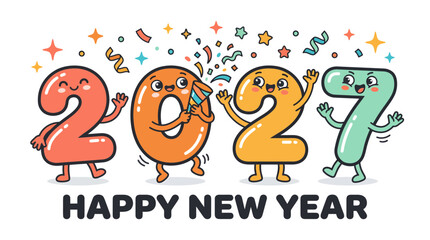 Fototapeta premium Cartoon 2027 Happy New Year celebration with cute animated numbers.